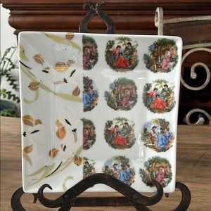 Square Ceramic Trinket Dish , Art Deco vintage scenes and Florals